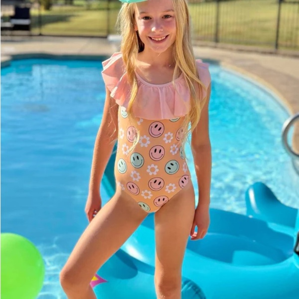 Girls Peach Smiles & Daisy Ruffle Neck One Piece Swimsuit